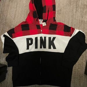 NWT PINK Buffalo plaid zip up sweatshirt